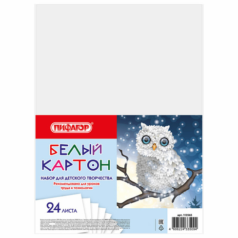 Картон белый А4 немелованный (матовый), 24 листа, Пифагор, 200х290 мм, "Совушка", 113565