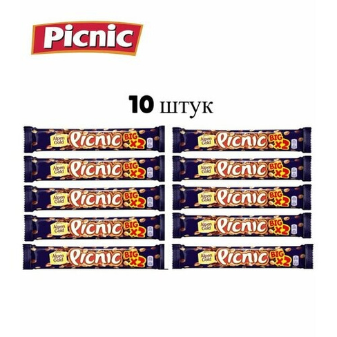 PICNIC BIG Шоколадный батончик, Изюм, Арахис, Карамель, Вафли, Воздушный рис, Флоу-пак, 76г* 10шт Picnic