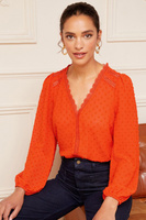 Блузка из ткани добби с длинными рукавами с V-образным вырезом и кружевной отделкой Love & Roses, оранжевый