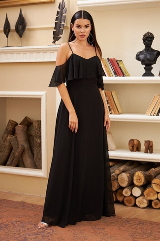 Черное длинное вечернее платье с низкими рукавами и бретельками Carmen, черный
