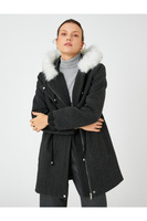 Плюшевое пальто с подвязкой на талии Koton, серый