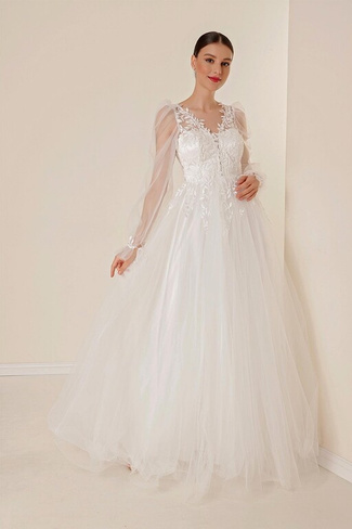 Вечернее платье принцессы из гипюра с V-образным вырезом и длинными рукавами, белое By Saygı, белый