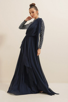 Позолоченный верх с пайетками, низ на подкладке, длинное шифоновое платье с воланами, темно-синее By Saygı, темно-синий