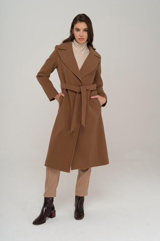 Половинное двубортное пальто средней длины с поясом и застежкой на кнопках TABA Olcay, коричневый
