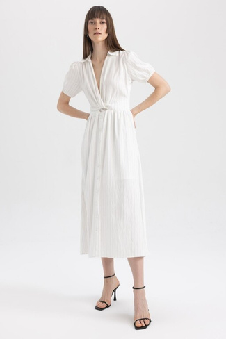 Полосатое платье миди с короткими рукавами и воротником-рубашкой DeFacto, белый
