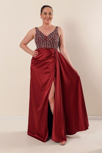 Длинное атласное платье из тюля на подкладке с камнями больших размеров Бордово-красное By Saygı, бордовый