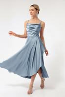 Женское атласное вечернее платье миди длиной миди с воланами и разрезами, выпускное платье Lafaba, синий
