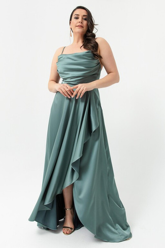 Женское атласное вечернее платье с разрезом и бирюзовым воланом большого размера, выпускное платье Lafaba, зеленый