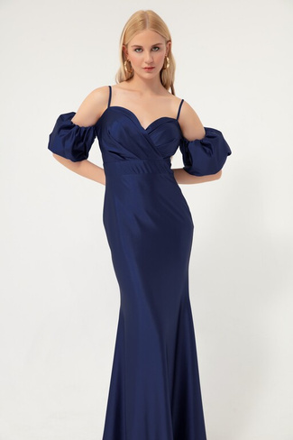 Женское длинное атласное вечернее платье темно-синего цвета с веревочным ремнем и низким рукавом Lafaba, темно-синий