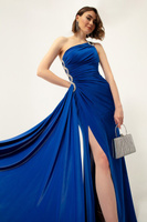 Женское длинное вечернее платье Saks на одно плечо с камнями Lafaba, темно-синий