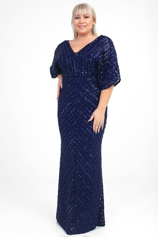Женское длинное вечернее платье больших размеров темно-синего цвета с пайетками и подкладкой оттобан By Saygı, темно-син