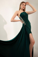 Женское длинное вечернее платье изумрудно-зеленого цвета на одно плечо с камнями Lafaba, зеленый