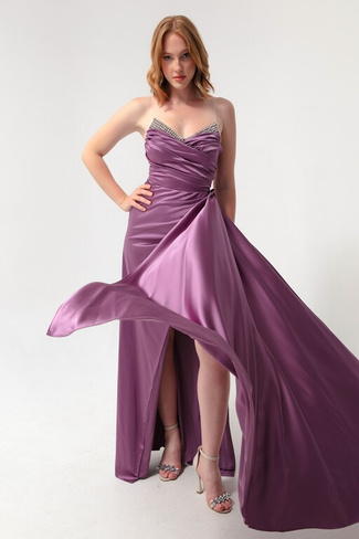 Женское длинное вечернее платье лавандового цвета с камнями на груди Lafaba, фиолетовый