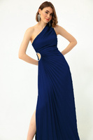 Женское длинное вечернее платье на одно плечо с глубоким вырезом темно-синего цвета Lafaba, темно-синий