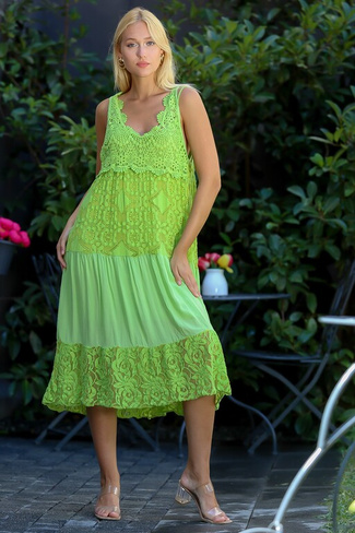 Женское зеленое итальянское длинное платье без рукавов со специальным дизайном и кружевом на подкладке Chiccy, зеленый