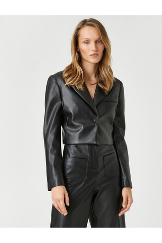 Укороченный пиджак с кожаным эффектом и карманом на одной пуговице Koton, черный