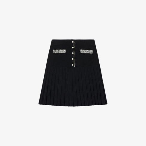 Мини-юбка эластичной вязки со складками, украшенная бисером Sandro, цвет noir / gris