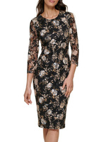 Кружевное платье-футляр миди с цветочным принтом Kensie, цвет Black Multi