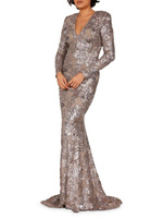 Платье с V-образным вырезом и пайетками и цветочным принтом Terani Couture, цвет Taupe Silver