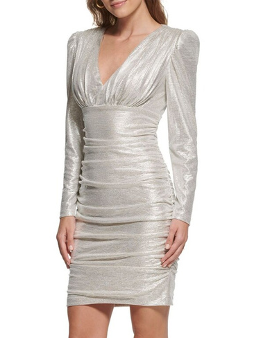 Мини-платье-футляр с металлизированной отделкой и рюшами Vince Camuto, цвет Champagne