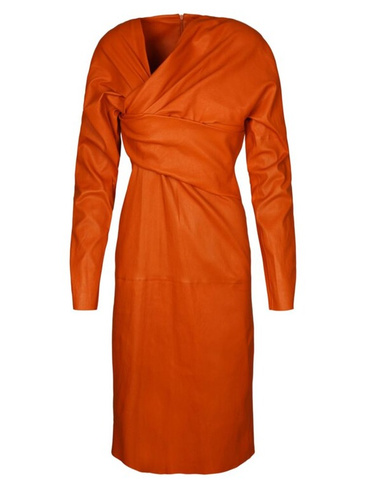 Кожаное платье-футляр с драпировкой Bottega Veneta, цвет Copper
