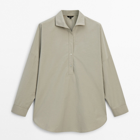 Рубашка Massimo Dutti Cotton Blend Shirt With Polo, светло-зеленый