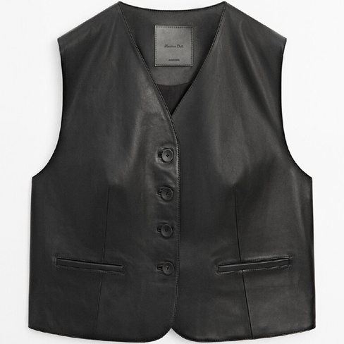 Жилет Massimo Dutti Nappa Leather with Buttons, черный
