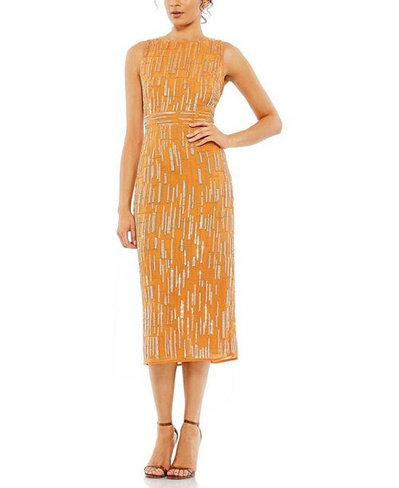Платье-футляр миди без рукавов с абстрактным бисером Mac Duggal, цвет Yellow