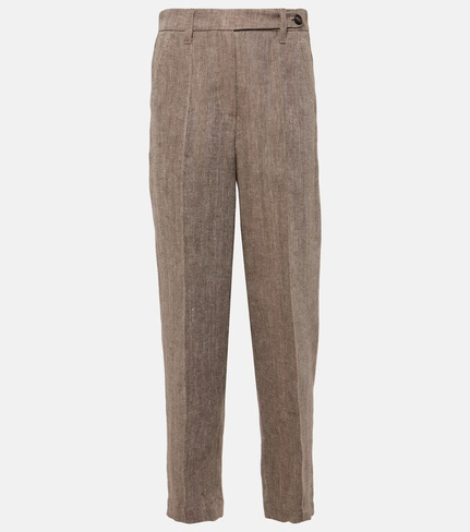 Льняные зауженные брюки с узором «елочка» Brunello Cucinelli, коричневый