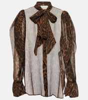 Шелковая рубашка с леопардовым принтом и завязками на воротнике Nina Ricci, коричневый