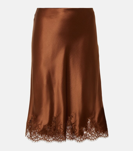 Мини-юбка из шелкового атласа с кружевной отделкой Saint Laurent, коричневый