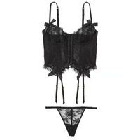Комплект корсет + стринги Victoria's Secret VS Archives Rose Lace Cropped, 2 предмета, черный