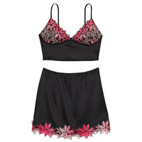Комплект белья Victoria's Secret Ziggy Glam Floral Embroidery Cami Slip Skirt, 2 предмета, черный/розовый
