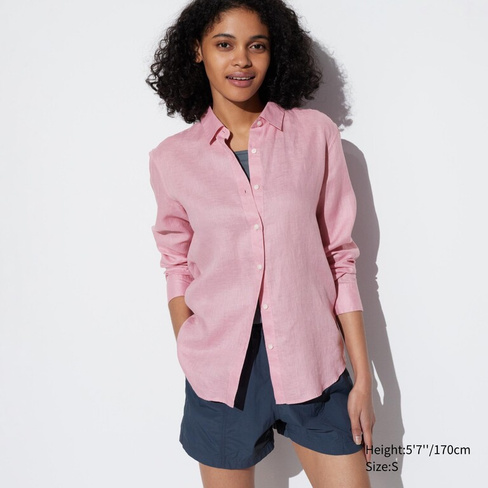 Рубашка UNIQLO льняная премиум-класса с длинными рукавами, розовый