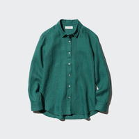 Рубашка UNIQLO льняная премиум-класса с длинными рукавами, темно-зеленый