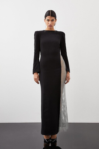 Платье макси из вискозной ткани со вставками и кристаллами Karen Millen, черный