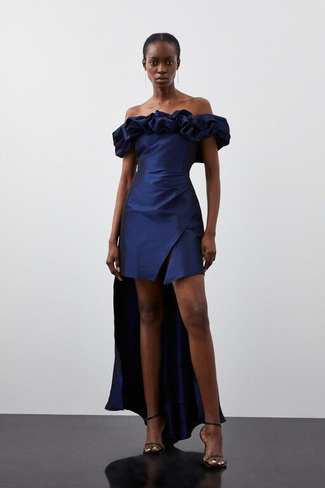 Мини-платье металлического цвета с открытыми плечами и высоким низким вырезом Karen Millen, синий