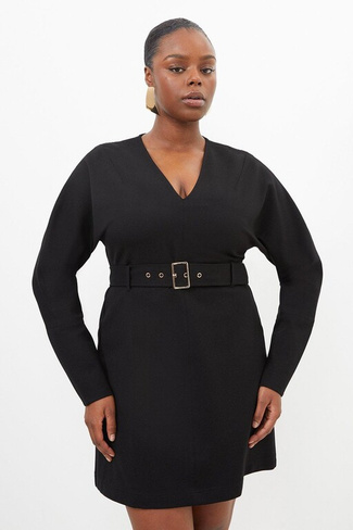 Мини-платье размера плюс с V-образным вырезом и поясом из джерси Понте Karen Millen, черный