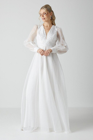 Украшенное жемчугом свадебное платье из органзы с блузкой и рукавами Coast, белый