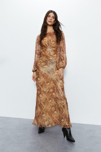 Платье макси с металлизированным змеиным принтом Warehouse, бежевый
