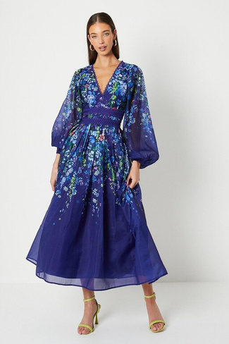 Платье мидакси из органзы с цветочным принтом и кружевной отделкой Coast, темно-синий