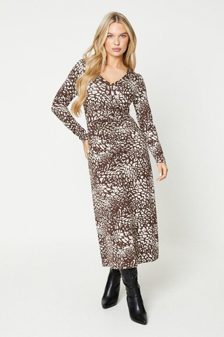 Платье миди Petite шоколадного цвета с леопардовым принтом и сборками спереди Dorothy Perkins, мультиколор