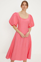 Платье миди из льняной смеси с пышными рукавами Oasis, розовый