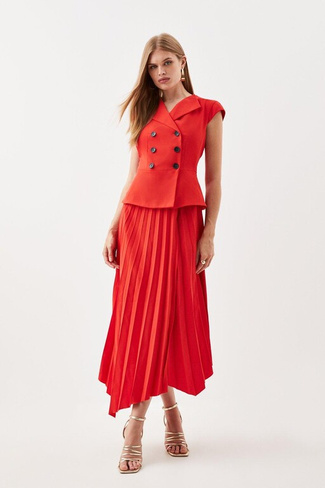 Асимметричное плиссированное платье миди чистого кроя с короткими рукавами и поясом Karen Millen, красный