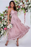 Платье миди с высоким низким вырезом и фестонами Goddiva, розовый
