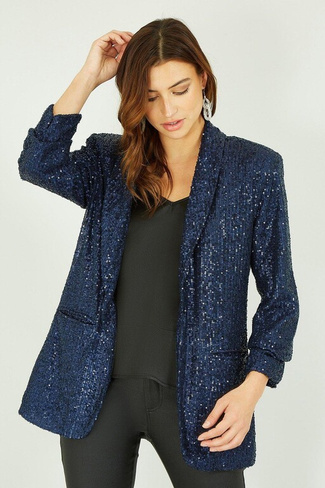 Темно-синий пиджак с пайетками и карманами Yumi, темно-синий