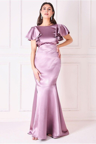 Атласное платье-русалка с развевающимися рукавами макси Goddiva, розовый