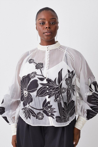 Тканая блузка на пуговицах Plus с аппликацией из органди Karen Millen, мультиколор