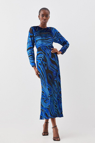 Бархатное платье-колонна Petite Devore Midaxi Karen Millen, синий