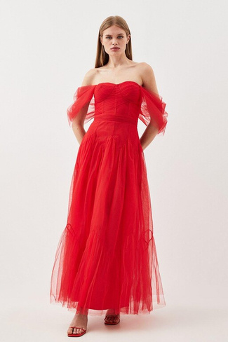 Тканое платье миди с корсетом из тюля Karen Millen, красный